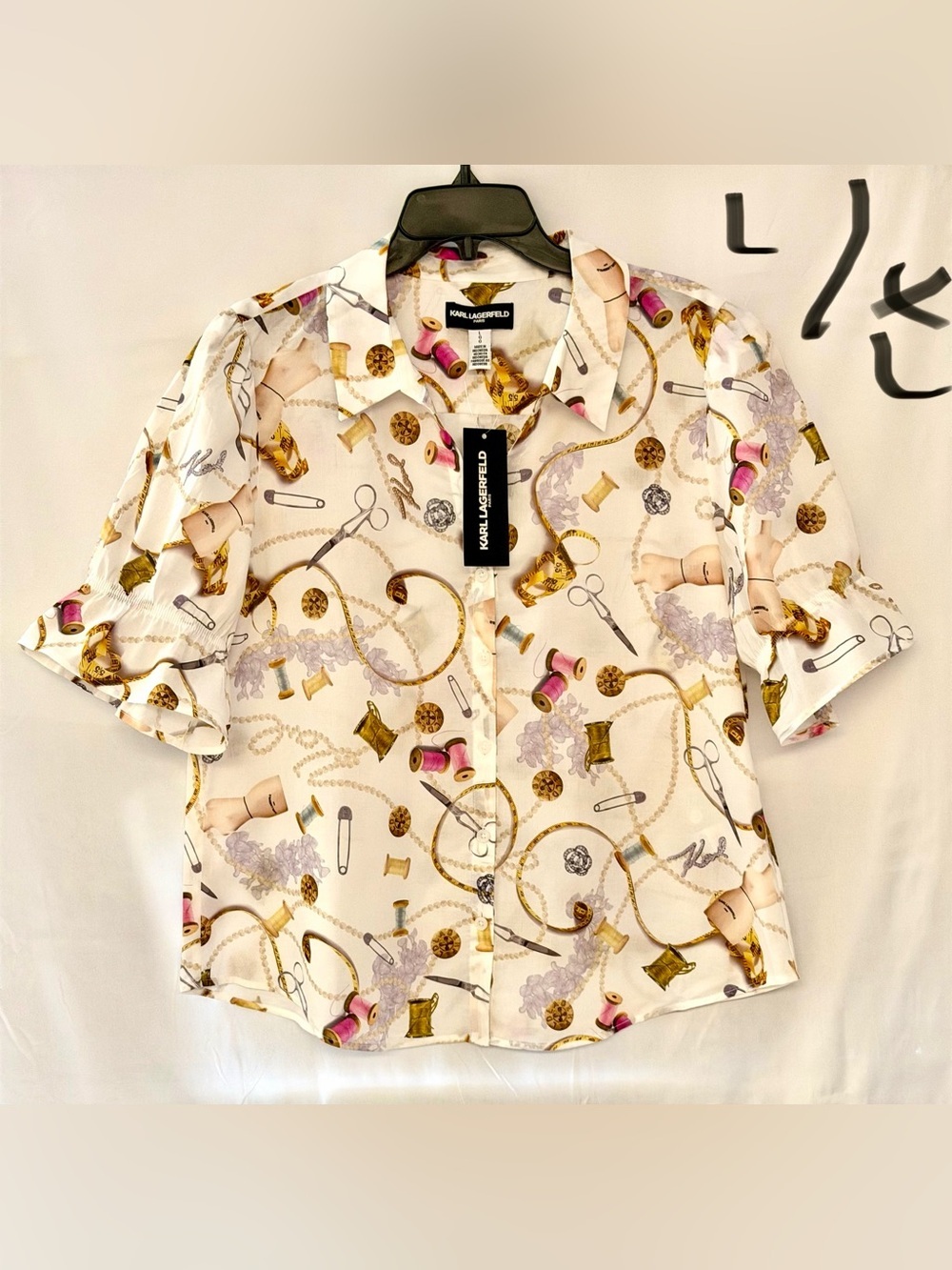 Karl Lagerfeld White Short-Sleeve Button-Down with Gold & Pink Sewing Print